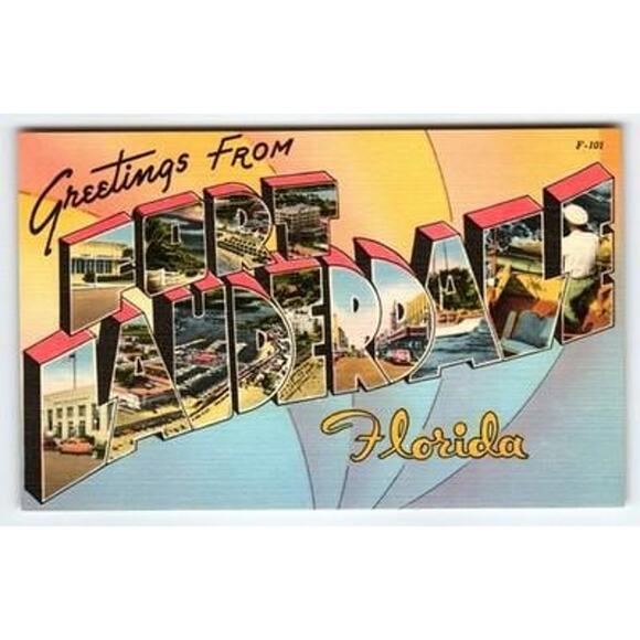 Vintage Linen Greetings From Fort Lauderdale Florida Large Letter Postcard - Picture 1 of 2